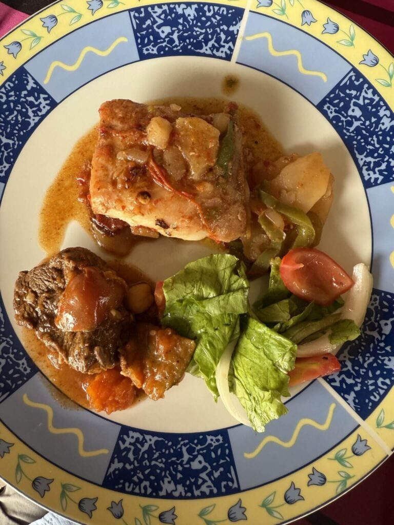 A plate of food features a piece of fish with potatoes and peppers, stewed beef with carrots, and a side salad of lettuce, tomatoes, and onions.