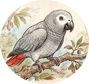 An illustration in a circular frame depicts a grey parrot with red tail feathers perched on a branch surrounded by foliage.