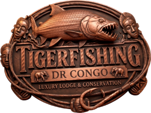 A bronze emblem features a tigerfish, African masks, elephants, and text reading "TIGERFISHING DR CONGO LUXURY LODGE & CONSERVATION."